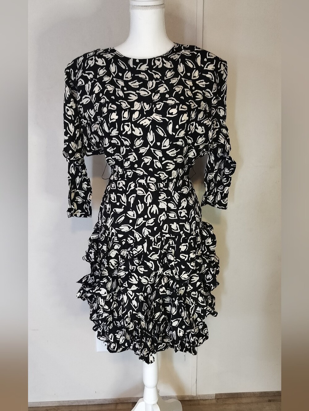 Black & White Printed Midi Dress with Ruffle Hem
